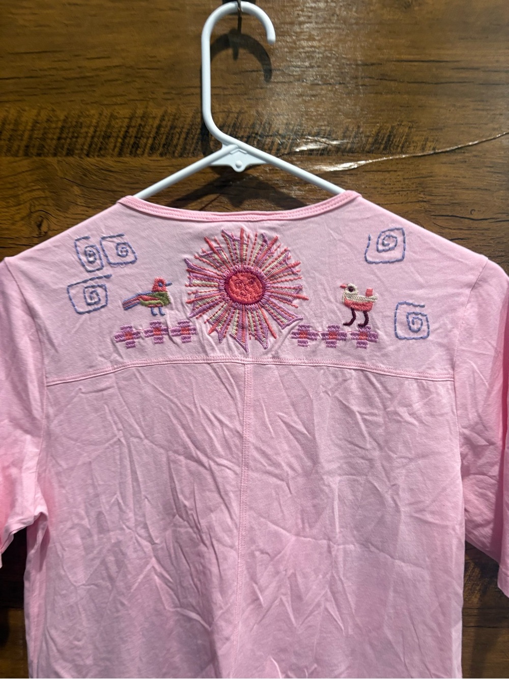 Johnny Was Pink Embroidered Tee with Floral & Bird Motif - Picture 7 of 9